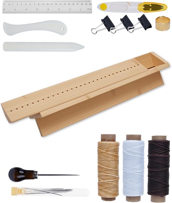 eZAKKA Book Binding Kits with Waxed Thread, Needle,Binder Paper Clips, Awl and Cradle for DIY Bookbinding Crafts and Sewing Supplies, 1+14PCS