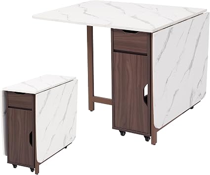 Foldable Space Saving Dining Table Extendable, Folding Dining Table with Storage and Wheels 2-Layers, Versatile Drop Leaf Table Modern for Living Room, Kitchen, RV Campers (Walnut)