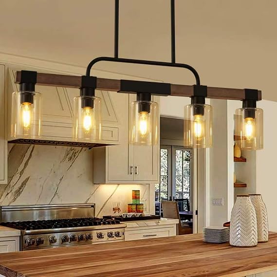 5-Light Farmhouse Kitchen Island Lighting, Linear Clear Glass Shades | Chandelier with Adjustable Height, Matte Black Metal & Rustic Wood, Ceiling Pendant Fixture, Ideal for Dining Table