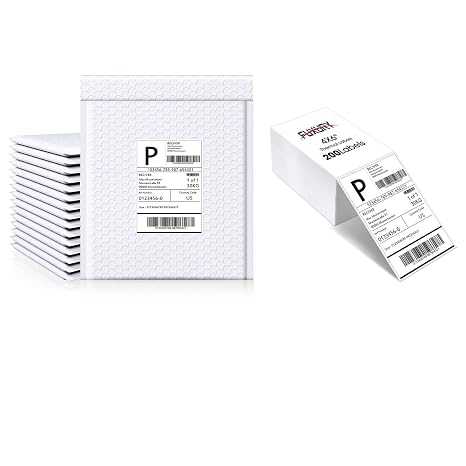 Fuxury Bubble Mailers 8.5x12" 25 Pack White Padded Envelopes + Thermal Labels 4x6 200 Labels Fanfold Direct Shipping Labels, for Small Business Mailing Shipping Supplies