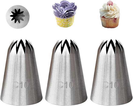 C10 Large Closed Star Piping Tip Set for Cake Decorating & Frosting, 3 Pcs