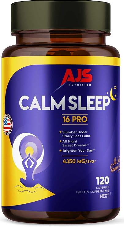 AJS CalmSleep Pro 120CT- Natural Sleep Aid Capsules with Melatonin, L-Theanine, GABA, Magnesium, Valerian, Chamomile, Ashwagandha, Lemon Balm, 5-HTP, B Vitamins & Herbal Blend | Non-GMO, Vegetarian