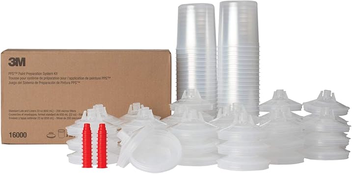 3M PPS (Original Series) Paint Spray Gun Cup Lids and Liners Kit, 16000, Standard, 22 oz, 200-micron Filter, Use w/ Paint Gun for Cars, Furniture, Home, 50 Disposable Lids and Liners, 20 Sealing Plugs, Factory
