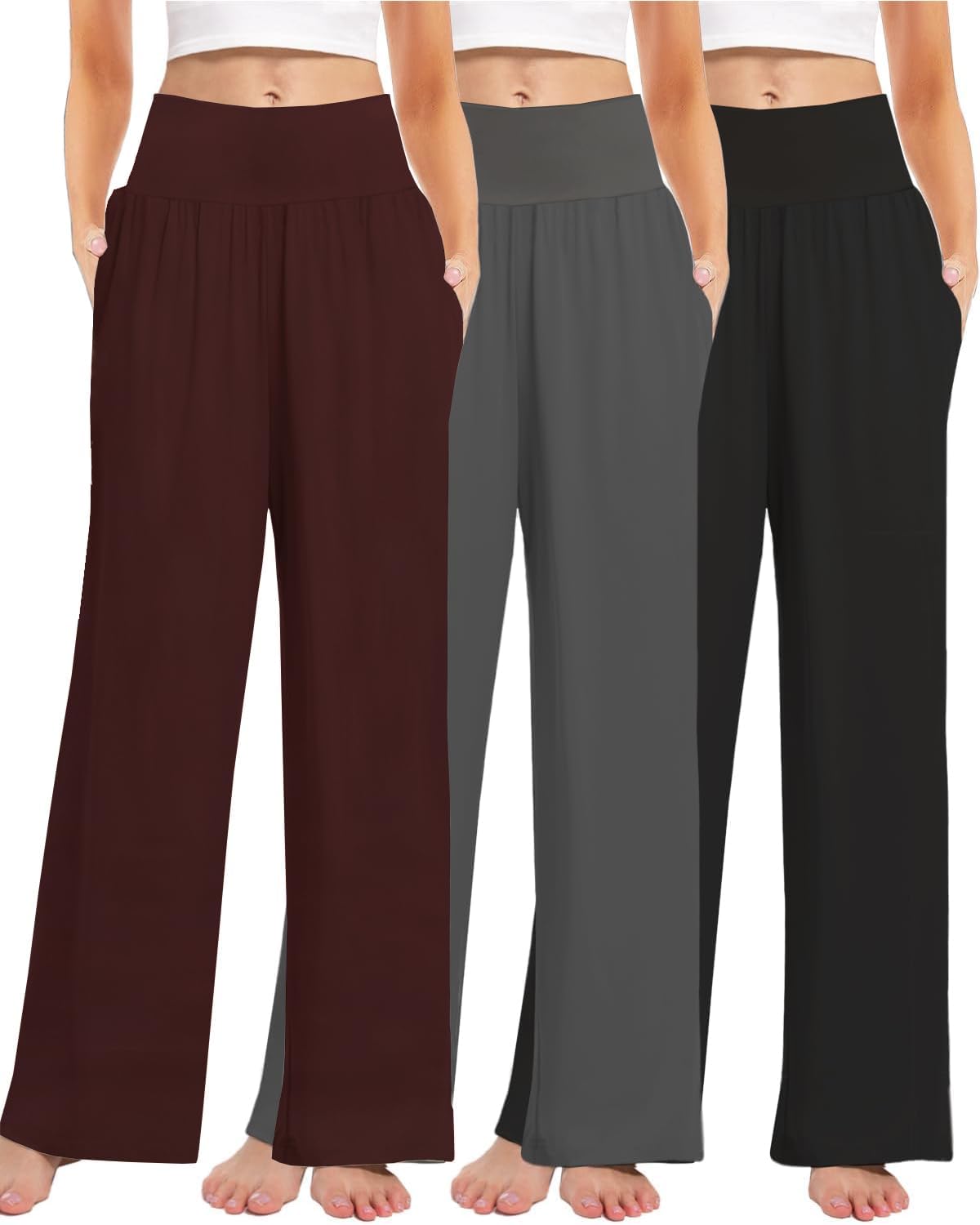 3PACK Womens Casual Loose Wide Leg Cozy Pants Yoga High Waisted Sweatpants Comfy Lounge Pants with Pants with Pockets