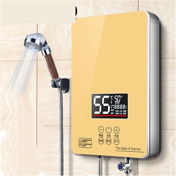 Tankless Water Heater 6000W Electric Hot Water Heater Instant Kitchen Bathroom Instantaneous Tankless Heating Shower Watering Heaters LED Display Under Sink Kitchen Household(Bronze)