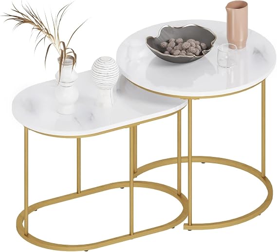 SogesHome Golden Marble Pattern Nesting Tables - Set of 2 Stacking Side Tables for Living Room, Balcony, and Office Decor, Golden