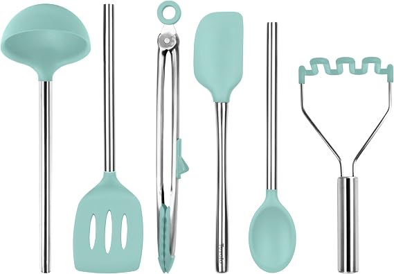 Tovolo Silicone Cooking Utensil Set of 6 Stainless Steel Handle Ladle Slotted Turner Tongs Flex Core Spatula Scraper Mixing Spoon & Masher, Dishwasher Safe BPA Free Utensils, Aqua Seafoam Green