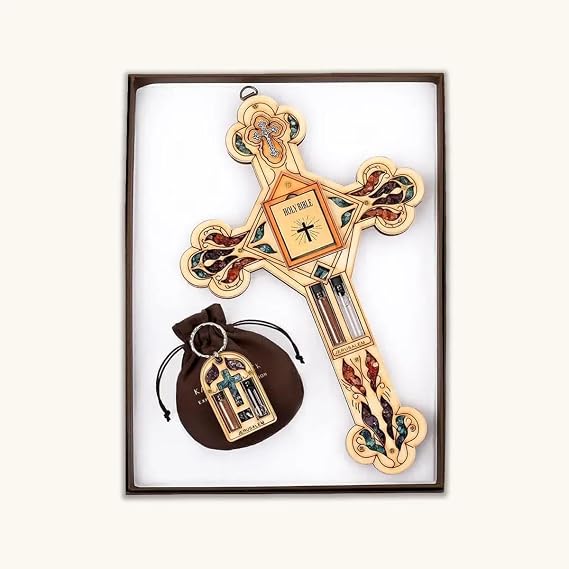 KARMA AND LUCK Ultimate Believer - Multistone Healing Crystals Cross Holy Water Bible Symbols Protection Wooden Wall Blessing Plaque, Bring Calm Peace, Multicolor, 11'' Height