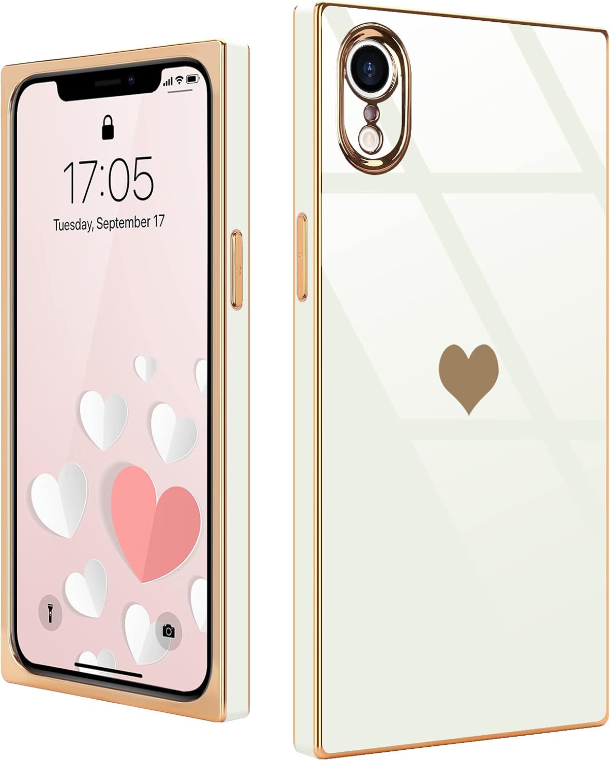 Compatible with iPhone Xr Case Rectangle Cute Plating Gold Luxury Love Heart Phone Case for Women Girls Shockproof Raised Full Camera Lens Protection Bumper Cover for iPhone Xr, White