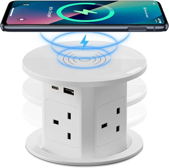 Pop Up Socket with 15W Wireless Charging - 4 AC Outlets, 1 USB Port, and 1 x 20W Type-C Port for Kitchen and Workspace, Overload Protection, Safe Power Solution [UK 13A / 110-250V / 2500W] (White)