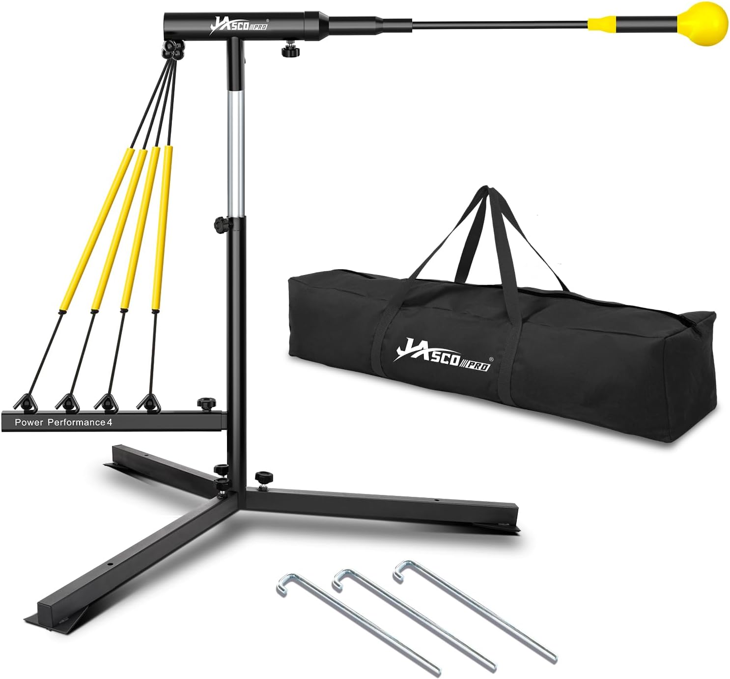 Baseball Hitting Trainer with 4 Power Bands,Auto Reset Softball Swing Trainer For Batting,Hitting Practice,Height Adjustable 31-47 inch Baseball Training Equipment With Metal Stakes &amp; Carry Bag