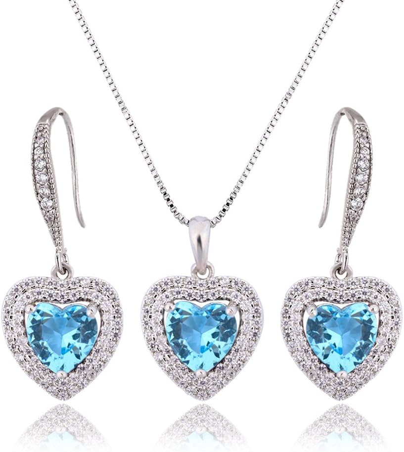 AMYJANE Crystal Jewelry Set Bride Bridesmaid- Sterling Silver Heart Shape Cubic Zirconia Crystal Bridal Pendant Necklace Earrings Set for Women