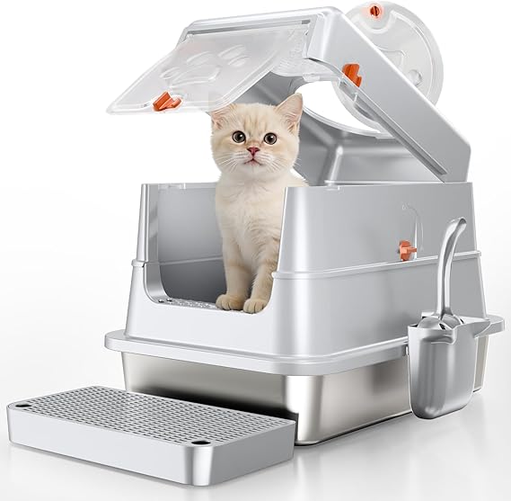Stainless Steel Cat Litter Box with Lid, Small Enclosed Metal Litter Pan | With High Sides, Full Flip Cover Litter Box for Kittens, Include Scoop & Step, Leak Proof Easy Clean Odor Control, Grey