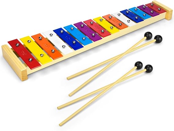 CeleMoon 15 Tone Natural Wooden Xylophone for Kids Toddlers Adults, Metal Bar Glockenspiel with Multi-Colored Keys, Educational Percussion Instrument for Preschool Learning, Music Gift for Boys Girls