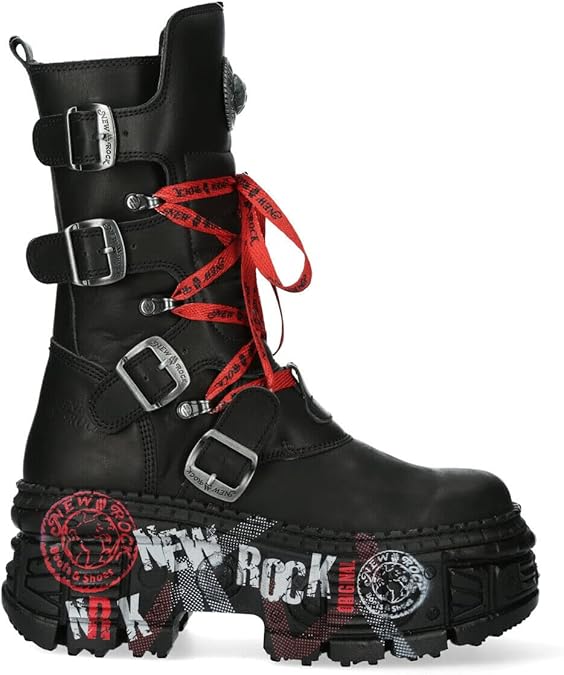 New Rock Boots WALL028B-C1 Unisex Metallic Black Leather Platform Gothic Boots