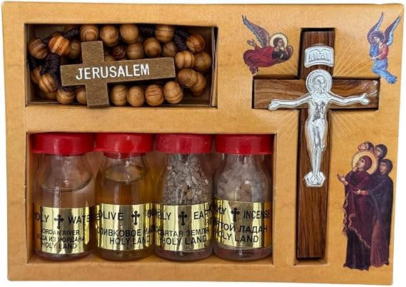 Blessing Kit Rosary Beads Holy Water Bottle Holy Oil & Crucifix Wall Cross - Sacred Jerusalem Treasures