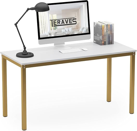 Computer Desk/Dining Table Office Desk Sturdy Writing for Home Office | 39.37" White Desk for Small Space, Golden Frame, Sturdy and Easy to Assemble