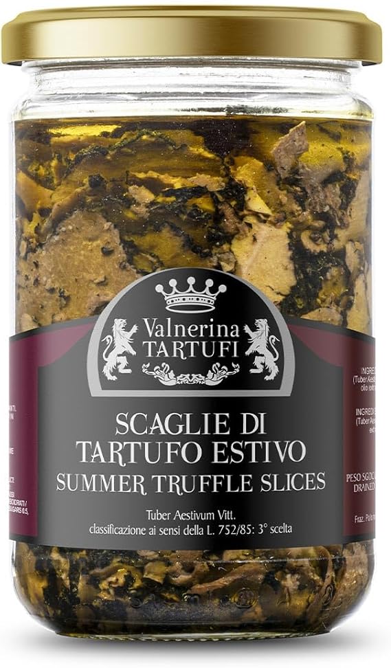 Valnerina Tartufi Summer Black Truffle Slices | Sliced Truffles, Slats, Carpaccio | Natural, Craft and Italian Preserved in EVO Extra Virgin Olive Oil | 250 gr jar.