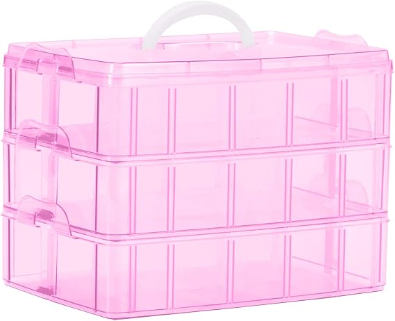 Sooyee Bead Organizer, 3-Tier Craft Storage Container, Pink