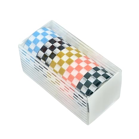 Checkered Tape Decorative Plaid Cute Washi Tape Set 0.6inch Width Colored Grid Masking Paper Tapes 5 Roll Checkerboard Flag Tape Rolls for Scrapbook Artist Craft Party Decoration Box Label