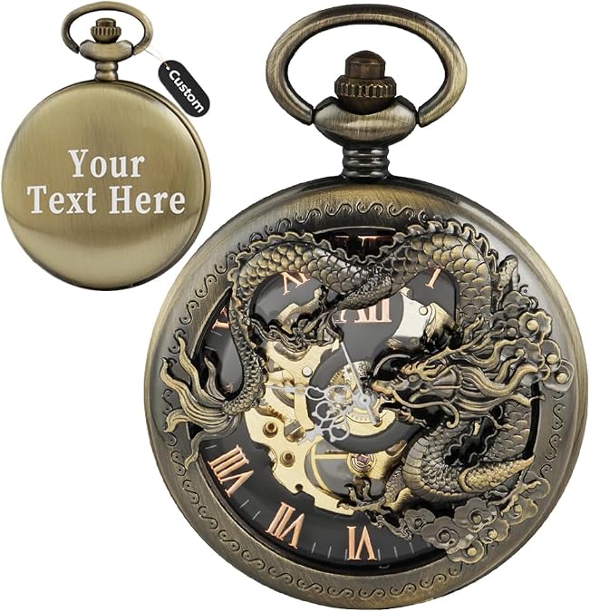 Men's Mechanical Hollow Dragon Design Hand Wind Pocket Watch Roman Numerals Steampunk with Chain Box