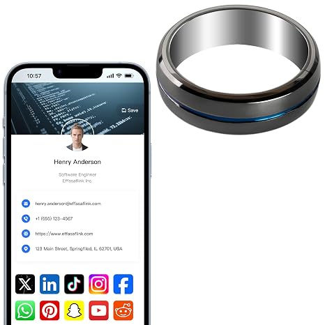 Customized Online Profile, Digital Business Card, Tungsten Steel NFC Ring, Tap to Share Social Information, for iPhone & Android (Blue & Black, US#7)