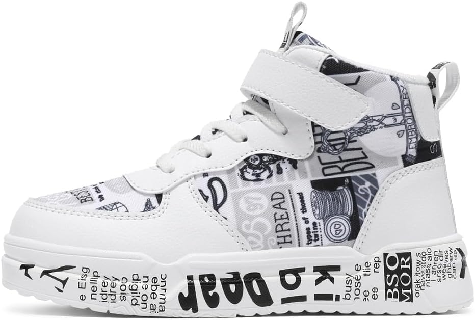 Kids High-Top Sneakers, Synthetic Leather, Graphic Print, Hook and Loop Strap, Casual Athletic Shoes for Boys and Girls