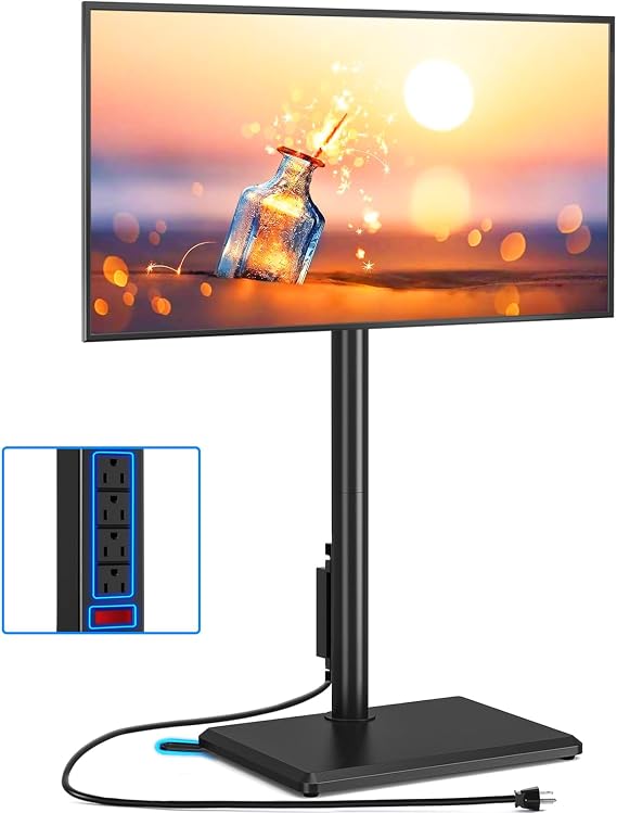 Rfiver Swivel Floor TV Stand with Power Outlet for 32-65 inch TVs, Height Adjustable Tall TV Stand with Wood Base, Hold Up to 88lbs, Saving Space Design for Bedroom, Living Room and Corner