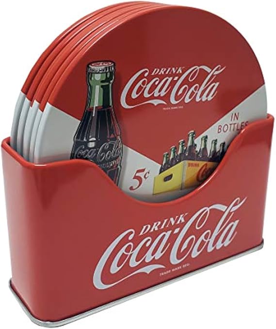 The Tin Box Company Coke 6 pc Coaster Set with Standing Metal Holder, Red