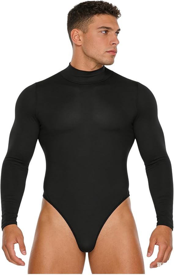 Mufeng Mens Buttoned Crotch Bodysuit Mock Neck Long Sleeve Leotard Jumpsuit for Yoga Dance Club