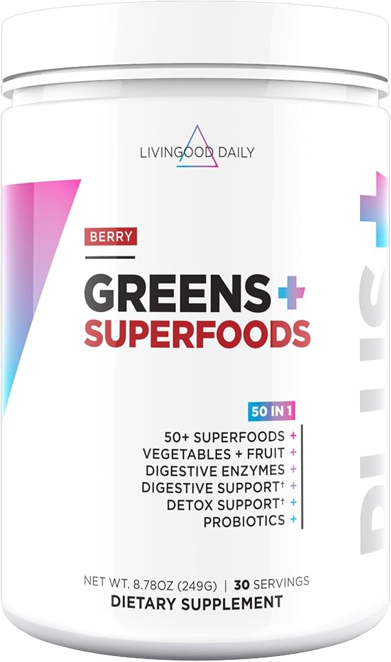 Livingood Daily Mixed Greens Powder, Berry, 30 Servings 8.78 Oz - 50in1 Green Juice Powder with Spirulina, Chlorella, Digestive Enzymes, Probiotics for Digestive Support, Gut Health - Made in USA
