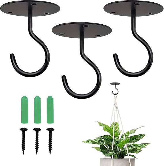 3 Pcs Ceiling Hooks for Hanging Plants, Wall Mounted Planters Hooks for Outdoor Plants, Hanging Basket, Bird Feeders, Wind Chimes, String Lights, Lanterns (Black A1)