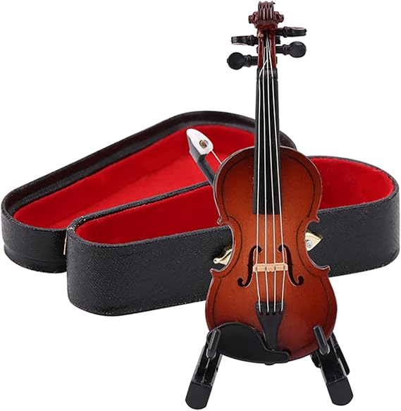 Wooden Miniature Violin Model with Stand, Mini Musical Instrument with Case, Violin Replica Collectible Figurines Dollhouse Accessories Home Decoration Display Ornament
