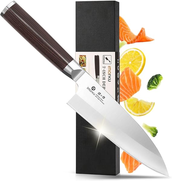 imarku 7" Deba Knife, Japanese Single Bevel, Ultra Sharp Fish Fillet | Stainless Steel Chef Knife with Stained Wood Handle, Ideal for Fish Cutting, Home Kitchen and Professional Restaurant Use