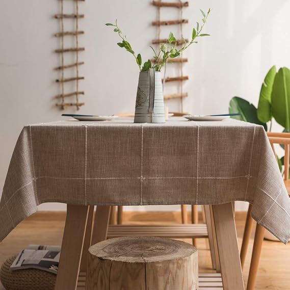 Cotton Linen Table Cloth for Square Tables Solid Embroidery Lattice Tablecloth for Kitchen Dinning Tabletop Decoration (135x135 cm, Linen)