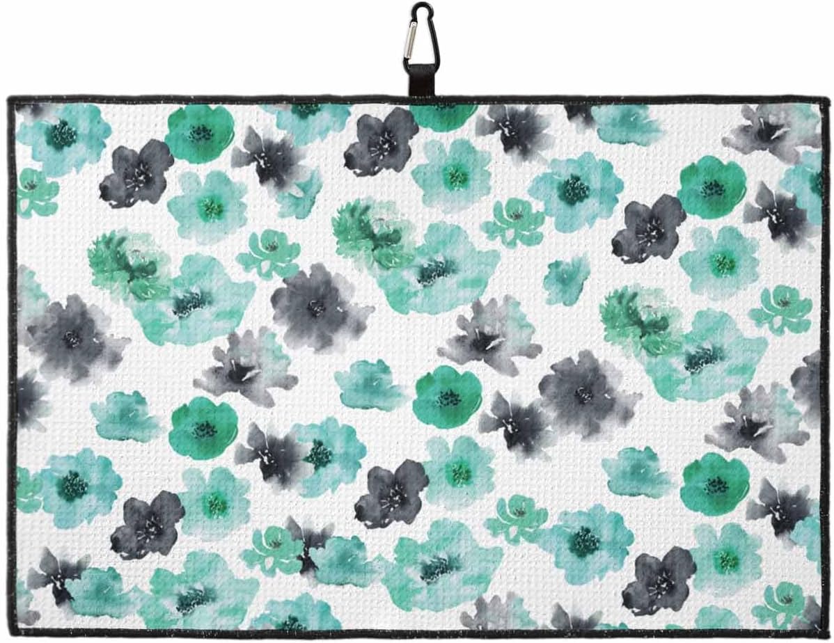 Golf Towel, Plants Floral Green and Black Flowers White Waffle Microfiber Golf Towels Absorbent Golf Towels for Golf Bags with Carabiner Clip, Golf Accessories for MenWomen, 1 Pack, 24x16"