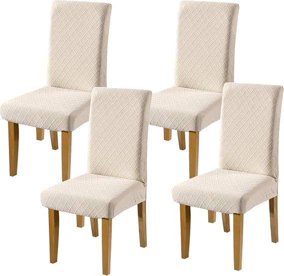 Stretch Short Dining Chair Covers 4 6 Pack Lattice Chair Covers, Stretch Spandex Jacquard Parsons Dining Room Chair Seat Protector Slipcovers for Home Dining Room Hotel Ceremony(Color-Beige, 4)