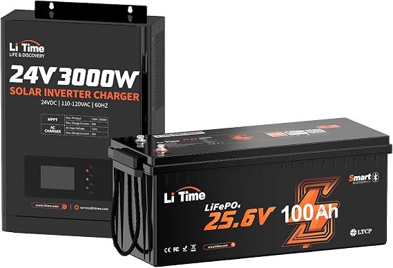 LiTime 24V 100Ah Bluetooth Low-Temp Protection LiFePO4 Battery with 24V 3000W All-in-One Solar Inverter Charger 60A MPPT Solar Controller,4000+ Cycles 100A BMS for RV, Trolling Motor, Marine, Off-Grid