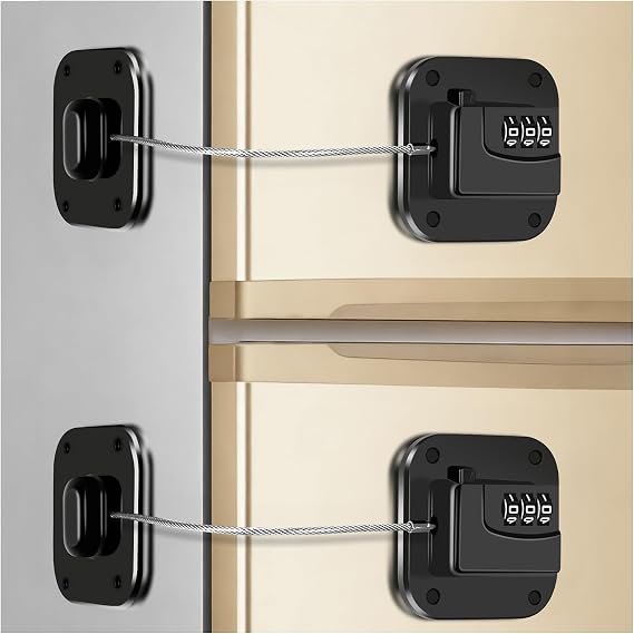 2 Pack Fridge Lock with Combination - Refrigerator Lock Heavy Duty with Adhesive for Refrigerator Cabinets, Drawers, Keyless, Black