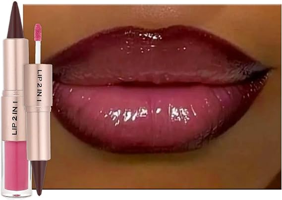 Double-Ended Pink Lipgloss Matte Brown Lip Liner Lipstick, 2-in-1 Glossy Liquid Lip Stick, Hydrating Lipgloss Makeup Tinted Lip Balm Stain, Gift for Women