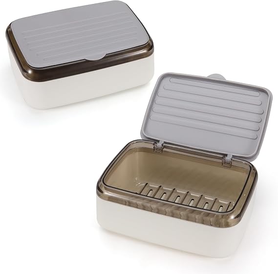 2Pcs Soap Dish Holder with Drainage Tray and Lid, 2 Layers Removable Bar Soap Case Container, Large Waterproof Soap Box for Shower Bathroom Sink, Grey