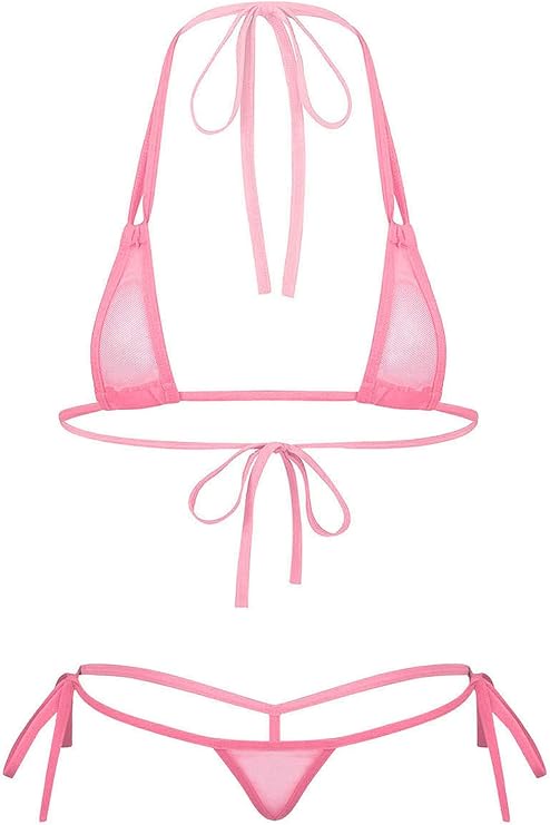 FEESHOW Micro Bikini, Ultra Small Micro Swimsuit, Women's Sexy See-Through Seductive Triangle Bikini, Separate Mini Bra and T Shorts, 2-Piece Set