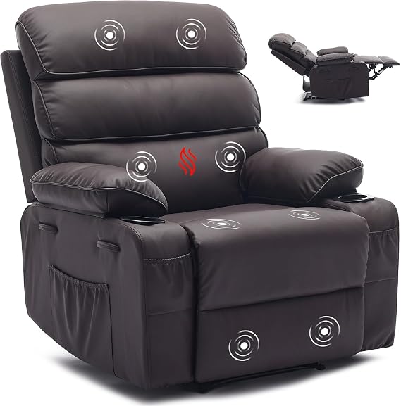 PU Leather Recliner Lounge Chair, Extra Wide Manual Recliner with Massage and Heat, Large Lazy Chair 1.5X Sponge Comfort Arm and Back for Living Room, Nursery, Dark Brown