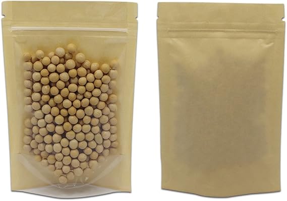 FERENLI 50 Pcs 4.7x7.9 inch Brown Kraft Paper Stand Up Food Bags | Kraft Paper, Clear Front, Resealable Zipper Lock, Doypack, for Spices Dried Food Storage Simmer Pots Packaging Supplies