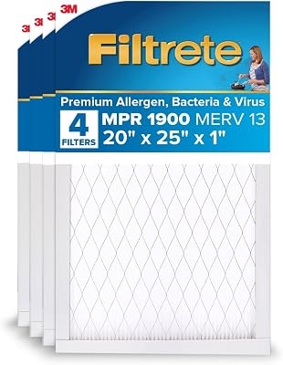 Filtrete 20x25x1 AC Furnace Air Filter, MERV 13, MPR 1900, Premium Allergen, Bacteria & Virus Filter, 3-Month Pleated 1-Inch Electrostatic Air Cleaning Filter, 4-Pack Actual Size 19.69x24.69x0.78 in