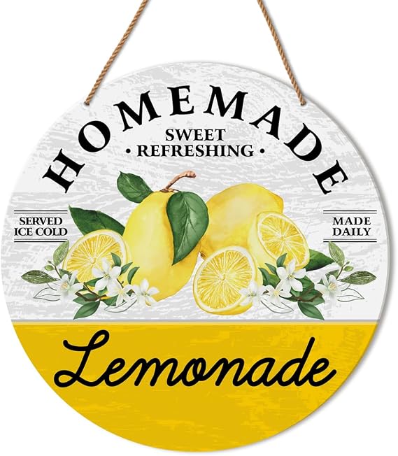 Lemon Kitchen Wall Decor, Farmhouse Summer Lemon Sign Decor for Home Bar Kitchen Dining Room Lemon Wall Decorations Wooden Hanging Sign, Made Daily Lemonade