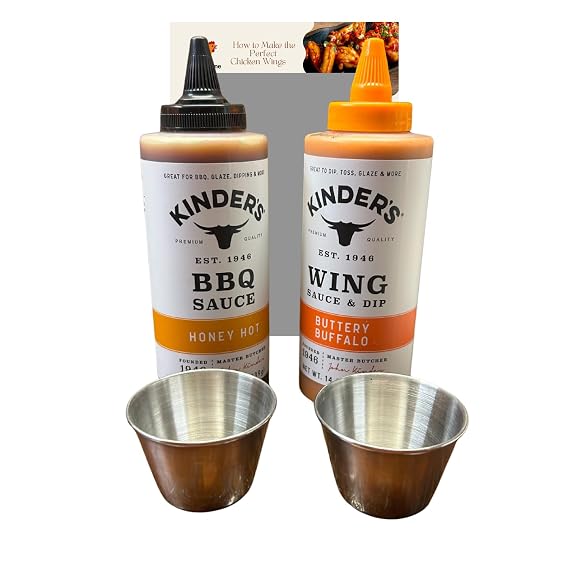 Gourmet Wing Sauce Variety Pack Buttery Buffalo & Honey Hot with 2 Stainless Steel Dipping Cups + Chicken Wings Recipe Card (Air Fryer, Oven, Deep Frying) Sweet & Spicy BBQ Gift Set for Wing Nights & Game Day