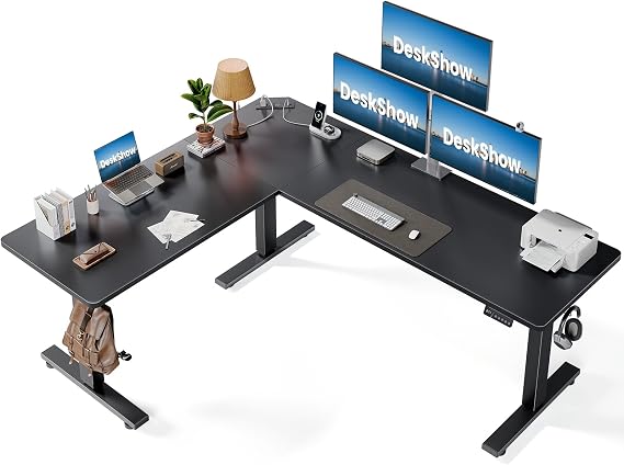 L-Shaped Standing Desk - 75 x 63 Inch Adjustable Corner Standing Desk with Charging Station - L Shape Sit Stand Table with Memory Controller, Splice Board for Home Office