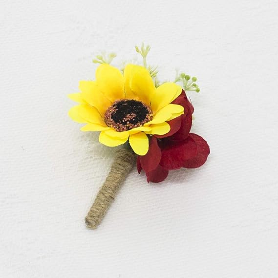 Ansuma Sunflower Wedding Bouquet - Artificial Silk Rose Bridal Bouquet with Eucalyptus and Greenary Flower Decoration for Wedding Anniversary Vow Renewal (Burgundy Boutonniere)