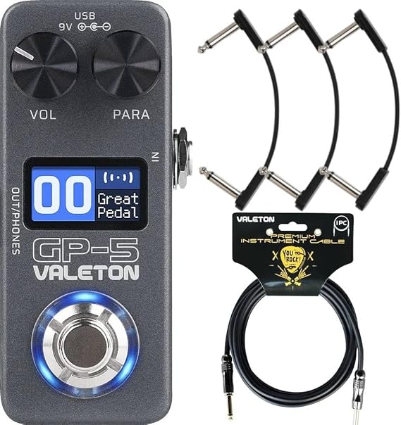 Valeton GP-5 Compact Multi-Effects Processor and Pedalzoo Flat Patch for Guitar Effects Pedals 3 Inch (3-pack) Bundle and Valeton VGC-3 10ft Premium Instrument Cable Straight-Straight bundle